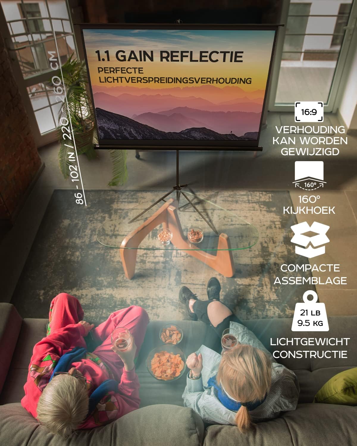 PropVue Projectiescherm met standaard, 100 inch (ca. 254 cm) projectiescherm voor binnen en buiten, voor film- of kantoorpresentatie, instelbaar van 16:9 tot 4:3, HD-premium kreukvrij statiefscherm voor projector