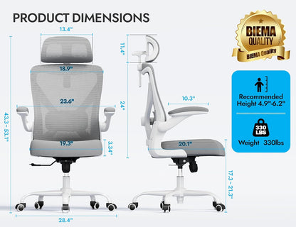 Bureaustoel – Ergonomische Bureaustoel – Gamestoel – Computerstoel – Office Chair – Verstelbare Lendensteun – 3D Hoofdsteun – Max. 150 kg – Grijs Mesh