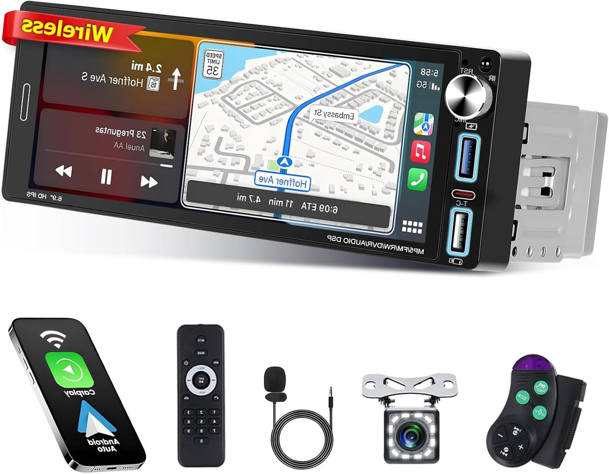 Carplay 1 Din Car Radio Compatible with Wireless Android Car 6.9 Inch Touch Screen Bluetooth Car Radio Supports Hands-free Mirror Link FM Radio/USB Type-C EQ with Rearview Camera - QUORE