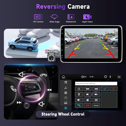 Hodozzy Car radio 1 Din with twisted 10.1 inch touch screen, car radio 1 Din with wireless CarPlay/Android car/mirror link, MP5 player with Bluetooth, radio FM, HD online video, EQ, USB/type C + - QUORE