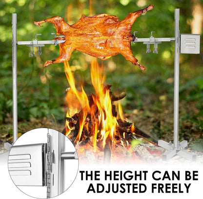 Mechoui Draaispies, 15 W, elektrisch, roestvrij staal, 70 kg, in hoogte verstelbaar, voor melkkvarken, barbecue met motor, draagbaar, koken in de open lucht, camping, wandelen