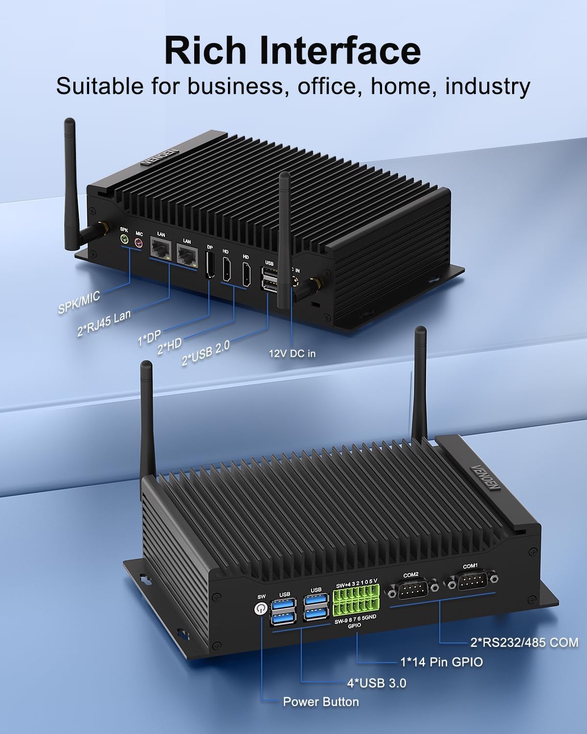 Industrial Mini PC WIN11 Pro, Fanless Pc Core i5-10210U, 16GB DDR4 256GB SSD, Dual HD+DP 4K Triple Display, 2xRS232/485 COM, WIFI6,BT5.2, Dual Gigabit Lan, RTC, Auto Power On
