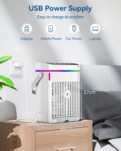 4-in-1 Mobiele Airco - Draagbare Airconditioning - Mini-Airconditioning - 1250 ml - met Timer van 1-3 uur - 3 Snelheden - 3 Nevelmodi - 7-Kleuren-LED - 10W - 5V - 13 x 20 x 27 cm - Wit