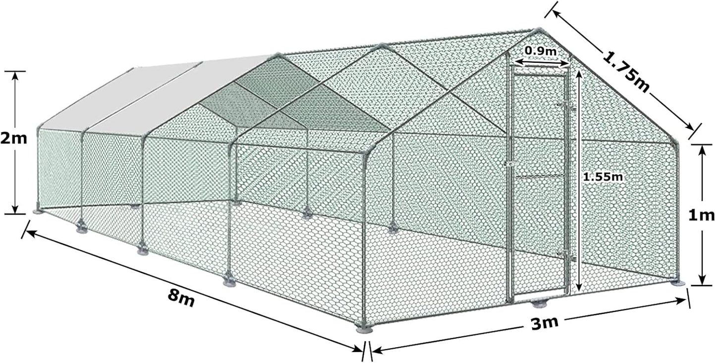 Kippenhok – Kippenren – Pluimveeverblijf – Buitenhok – Konijnenren – Groot 3x8x2m – Gegalvaniseerd Staal – Waterdichte PE-Cover