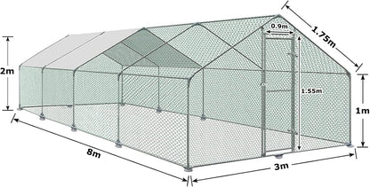 Kippenhok – Kippenren – Pluimveeverblijf – Buitenhok – Konijnenren – Groot 3x8x2m – Gegalvaniseerd Staal – Waterdichte PE-Cover