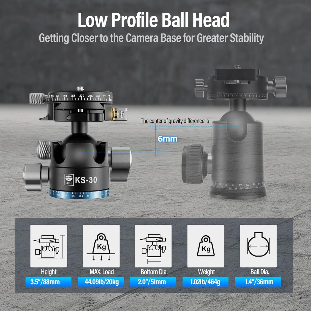 SIRUI 36mm Low Profile Ball Head KS-30, 360° Double Panoramic Aluminium Alloy Tripod Head for Camera, Camcorder, Professional Heavy Duty Ball Head for Tripod, Monopod, Camera Slider, Max Load 20KG
