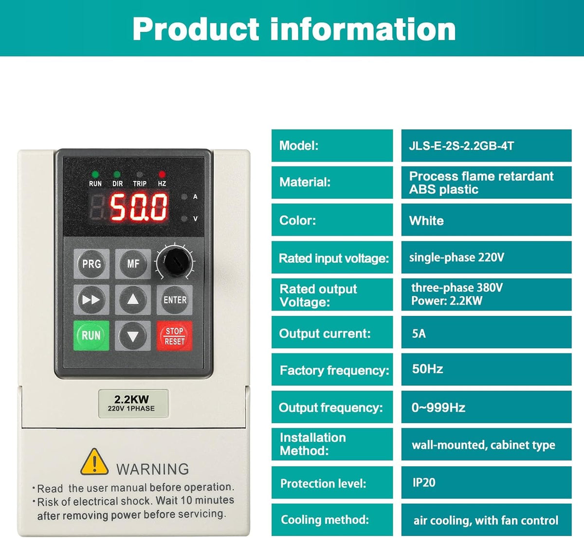Jadeshay VFD-omvormer, 2,2 kW, 220 V, eenfasige naar driefasige converter, frequentieomvormer voor 2,2 kW motortoerentalregeling