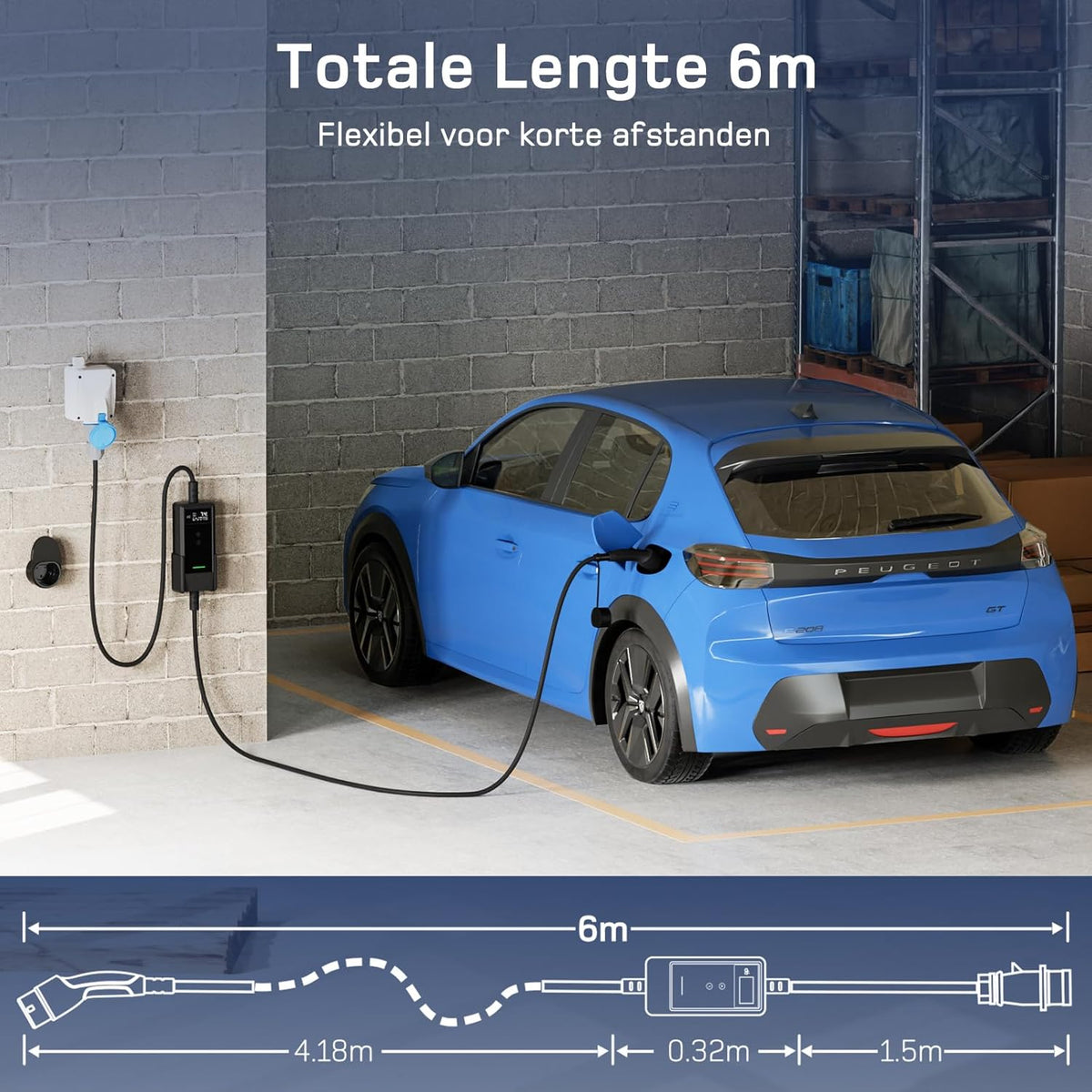 dé EV Oplader CEE 7,4kW [6m, 1-Fase, 6-32A] Wallbox 7,4kW met Type 2 Laadkabel en Digitale LCD Bediening voor ID.3/4/5, Model 3/Y, EX30, IX1, Q3/4/5 en Andere EV & PHEV