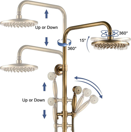 Douchesysteem Antiek messing douchekraan set goud retro doucheset met kraan, vintage douchearmatuur, complete set met 8 inch regendouche, handdouchekop, in hoogte verstelbaar 70 ~ 120 cm