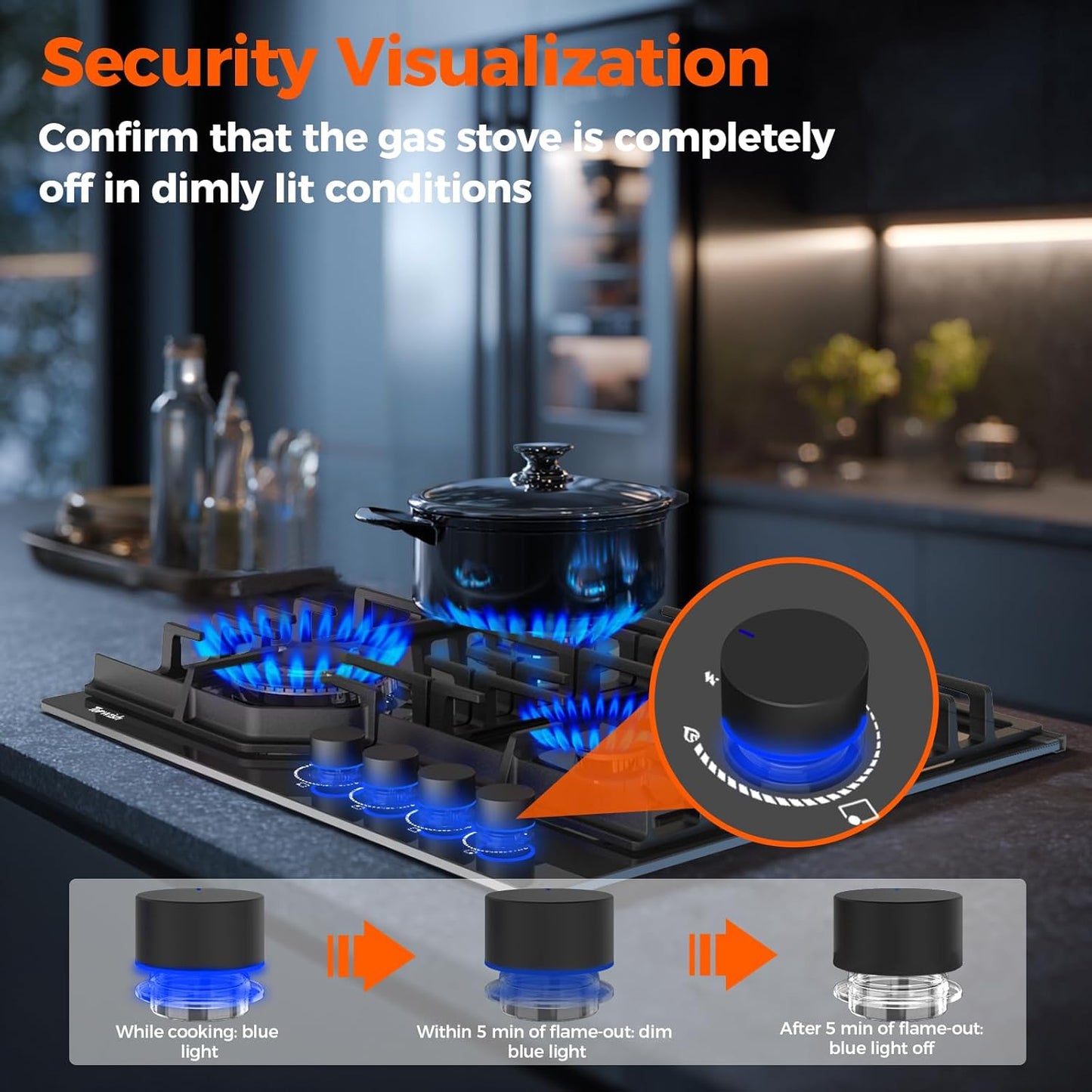 Gaskookplaat 4 Vlammen – Inbouw Gaskookplaat 60 cm – Gaskookveld 4 Vlammen – Gasfornuis Blauw Verlichte Knoppen – NG/LPG Omschakelbaar – Vlamblusbeveiliging – Automatische Ontsteking – 8000 W Vermogen