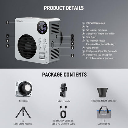 NEEWER 80W RGBWW LED videolamp met reflector en 72Wh accu, APP/2.4G besturing 18 effecten 10400lux/m 2500K-7500K 100W PD snel opladen Mini RGB COB continu licht Bowens houder HB80C