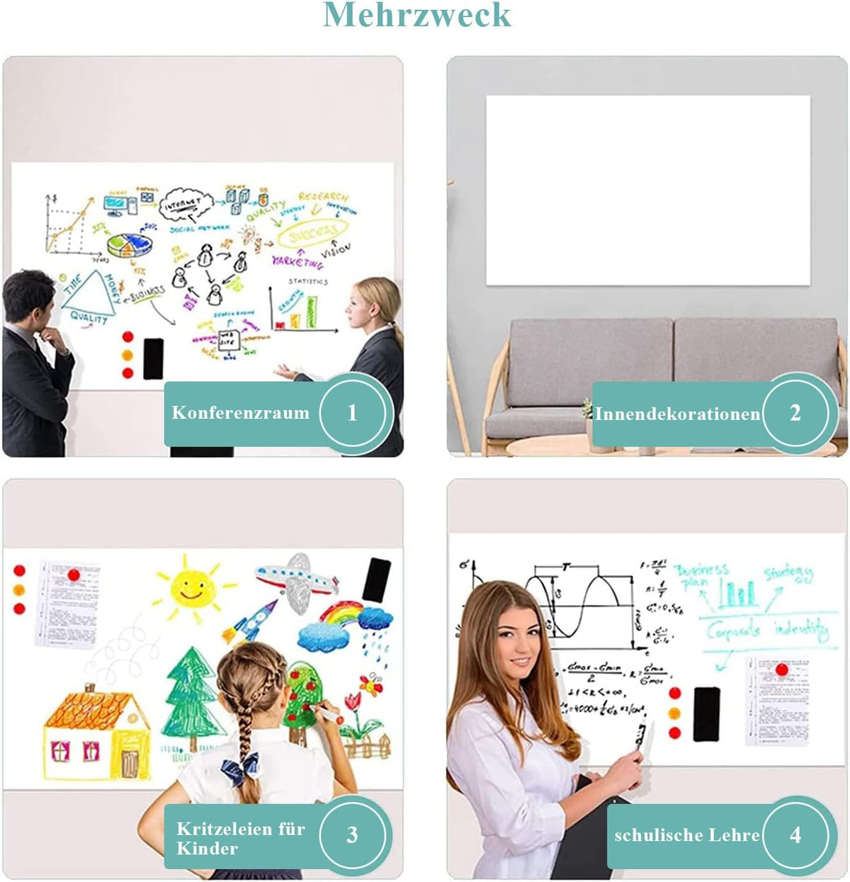 Magnetische Whiteboard Folie 120 x 250 cm, Magneetbord Zelfklevend, Magneetfolie Afwisbaar, Gemakkelijk op Maat Te Snijden, Voor Thuisschool, Met Markeerstiften, Whiteboardspons en Magneten.