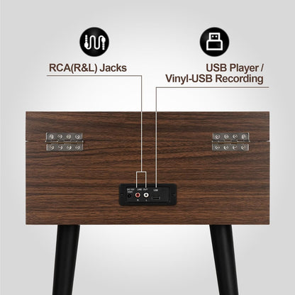 Draaitafel met Standaard – Platenspeler – Vinyl Speler – Retro Platenspeler – Muziekspeler – Espresso Houtlook – 3 Snelheden – Bluetooth, USB-Recorder en Ingebouwde Speakers