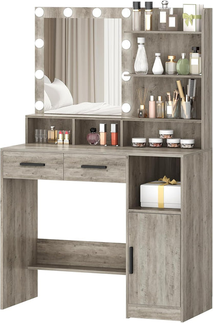 Hzuaneri Dressing Table with Mirror and 10 LED Lamps, Makeup Table with 3 Shelves and 4 Open Compartments, Dressing Table with 2 Drawers and Cabinet, 3 Adjustable Luminosities,GreigeDT32505X