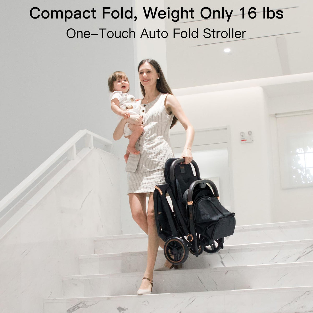 Gromast Gravity Opvouwbare babybuggy met verstelbare rugleuning en zonnedak, lichtgewicht en uv-bescherming, met één hand automatisch inklapbaar, zwart