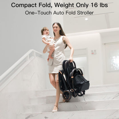 Gromast Gravity Opvouwbare babybuggy met verstelbare rugleuning en zonnedak, lichtgewicht en uv-bescherming, met één hand automatisch inklapbaar, zwart