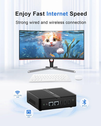 Fanless Mini PC Celeron J6412, Fanless Desktop PC, Dual HD, DP, 4K, 2xCOM, LAN RJ45, WiFi, BT4.2, Auto Power On, Use for Office/Home/Business, Industrial Server, 8GB RAM 128GB SSD - QUORE