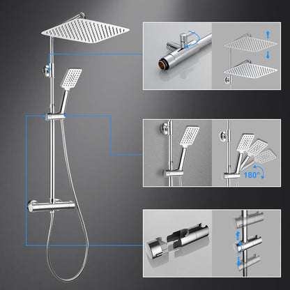 Görbach Regendouche douchesysteem met thermostaatarmatuur douchekraan, roestvrijstalen doucheset met regendouchekop en handdouche (35 x 25 cm, verchroomd)