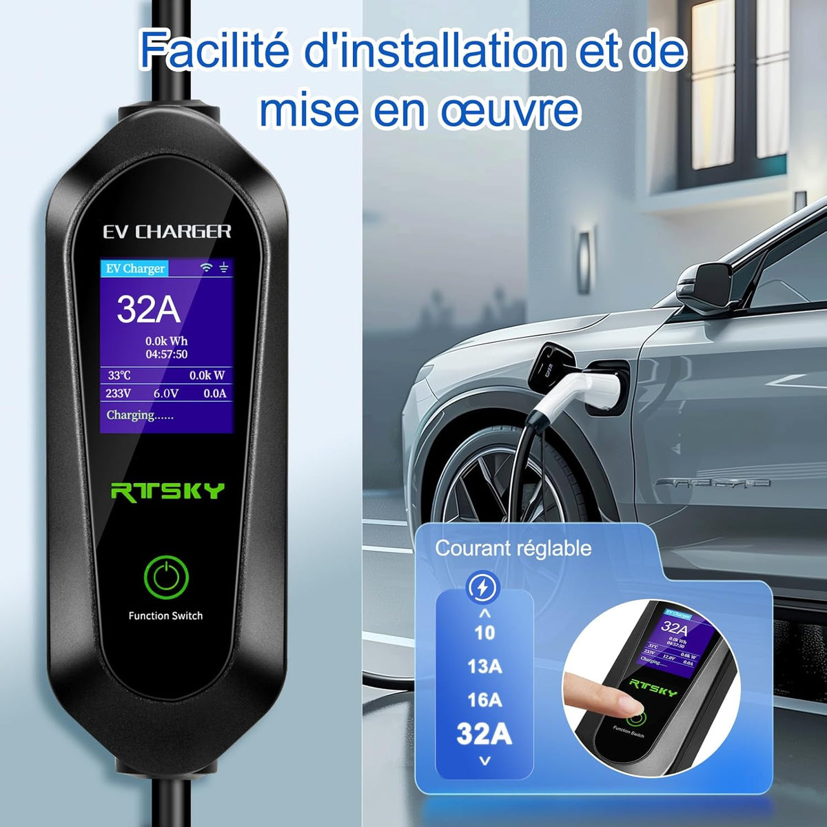 Mobile Wallbox 7 kW oplaadkabel voor elektrische auto's CEE 32 A naar type 2, Schuko eenfasig 5 m, 8-32 A oplader voor elektrische auto's met digitaal display