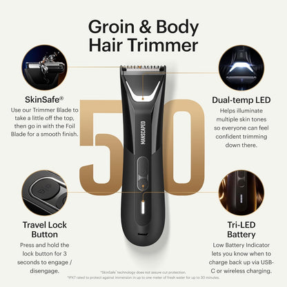 MANSCAPED® The Lawn Mower® 5.0 ULTRA Lies- en lichaamshaartrimmer – SkinSafe® -trimmer met twee koppen en foliemessen, waterdichte natte/droge trimmer, oplaadbaar via USB-C met reisetui