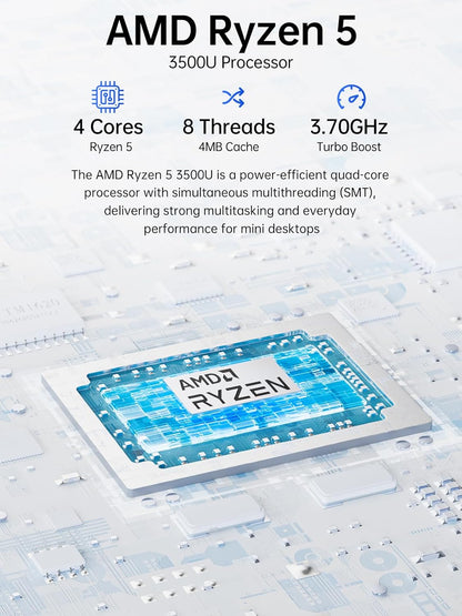 GMKtec AMD Ryzen 5 Mini PC W11 Pro 3500U (4C/8 T4,50 GHz), G10 Mini Computer, 16 GB DDR4 RAM 3200 MHz + 512 GB PCIe 3.0x4 SSD, WiFi 5, USB 3.2, USB-C, BT 5.0