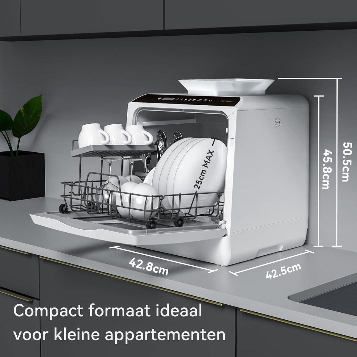 Mini-vaatwasser, tafelvaatwasser, te gebruiken met en zonder wateraansluiting, 43 cm breed, plaats voor 4 couverts, voor gebruik op de camping, 175 kWh/jaar, wit