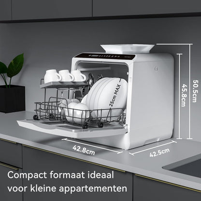 Mini-vaatwasser, tafelvaatwasser, te gebruiken met en zonder wateraansluiting, 43 cm breed, plaats voor 4 couverts, voor gebruik op de camping, 175 kWh/jaar, wit