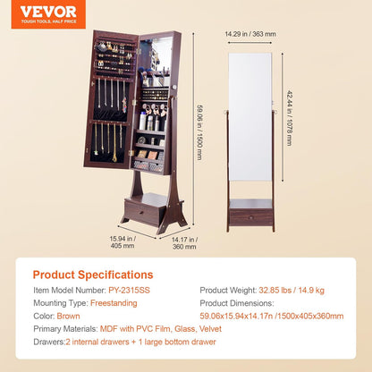 VEVOR Sieradenkast, 41 x 36 x 157 cm, met spiegel, sieradenspiegel-organizer met slot en full-body spiegel, fluwelen voering, ledlicht, lade voor sieraden, effecten, bruin