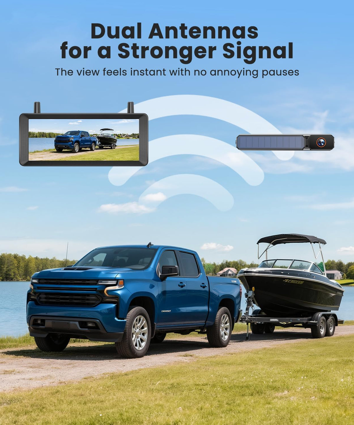 Draadloze achteruitrijcamera op zonne-energie: 2 minuten installatie 7,2 inch 1080p HD-monitor met DVR-opname, dubbele antenne, stabiel beeld, IP69K waterdicht, voor auto, vrachtwagen, caravan, camper