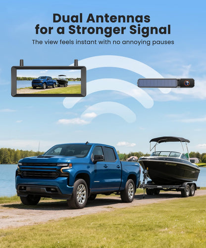 Draadloze achteruitrijcamera op zonne-energie: 2 minuten installatie 7,2 inch 1080p HD-monitor met DVR-opname, dubbele antenne, stabiel beeld, IP69K waterdicht, voor auto, vrachtwagen, caravan, camper