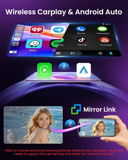4+64G Android 15 autoradio voor Hyundai i10 2007-2013 met draadloze CarPlay Android Auto, 9-inch scherm, ondersteunt FM, RDS, 32EQ, GPS, Bluetooth, WiFi, SWC, AHD en achteruitrijcamera.