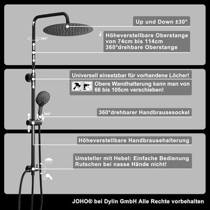 Doucheset – Douchesysteem – Douchezuil – Regendouche – Douchekop – Zwarte Regendouchekop 25 cm – Verstelbare Douchestang 74-114 cm