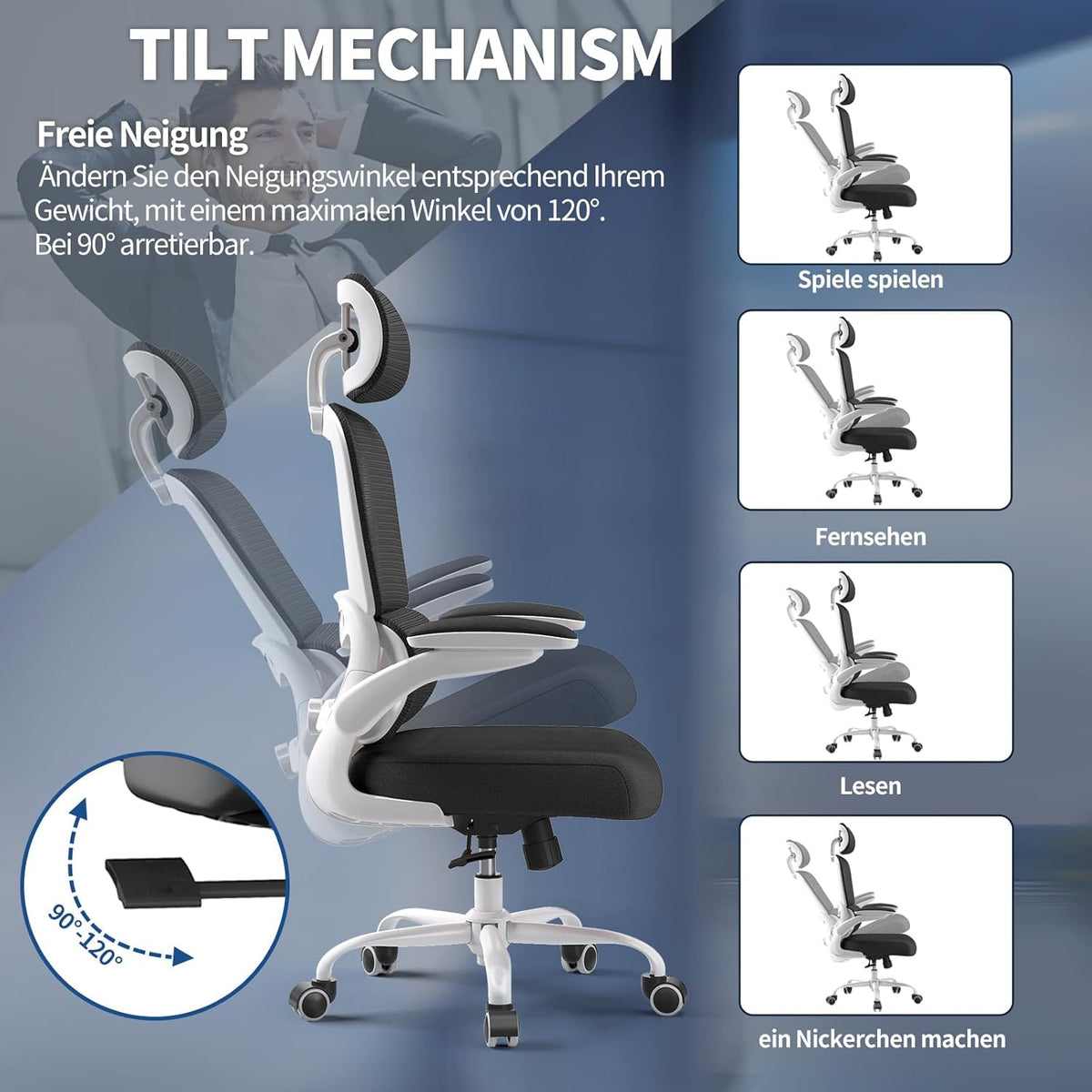 TRALT Bureaustoel Ergonomisch - Bureaustoel met Verstelbare Lendensteun Hoofdsteun Gaming Stoel - Office Chair - Bureaustoel Thuiskantoor Stoel Ergonomisch 150kg voor Grote Mensen Wit-Zwart