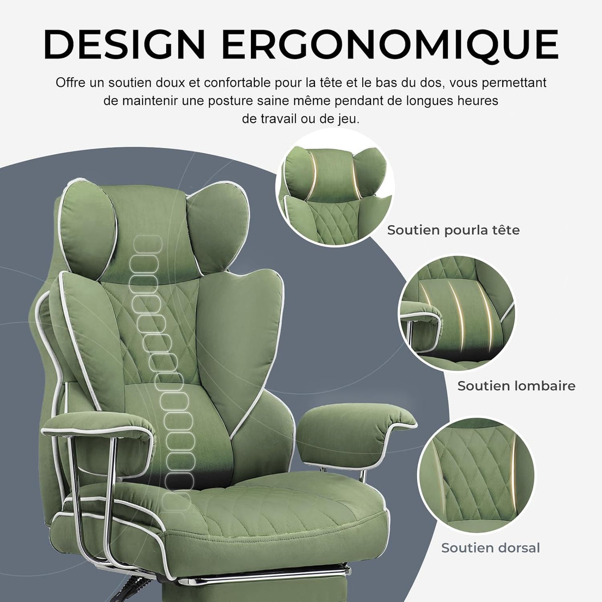 GTPLAYER Ergonomic Gaming Chair, Adjustable Gaming Chair, Office Chair with Footrest, Adjustable Backrest for Work and Play Technological Fabric, Green - QUORE