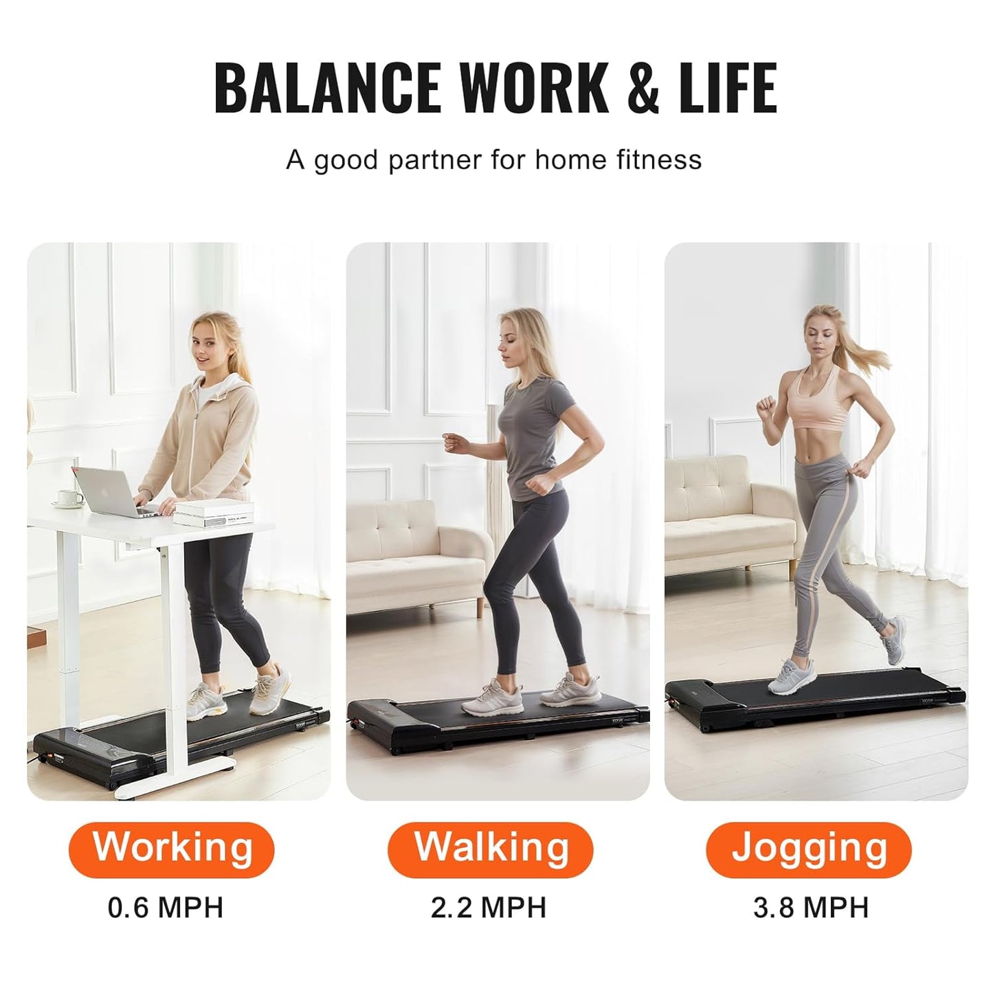 VEVOR Walking Pad Under The Desk, Working Treadmill with 120kg Load Capacity, Portable Pad with 2.5 HP, Remote Control, LED Display, 1-6 km/h, Black - QUORE
