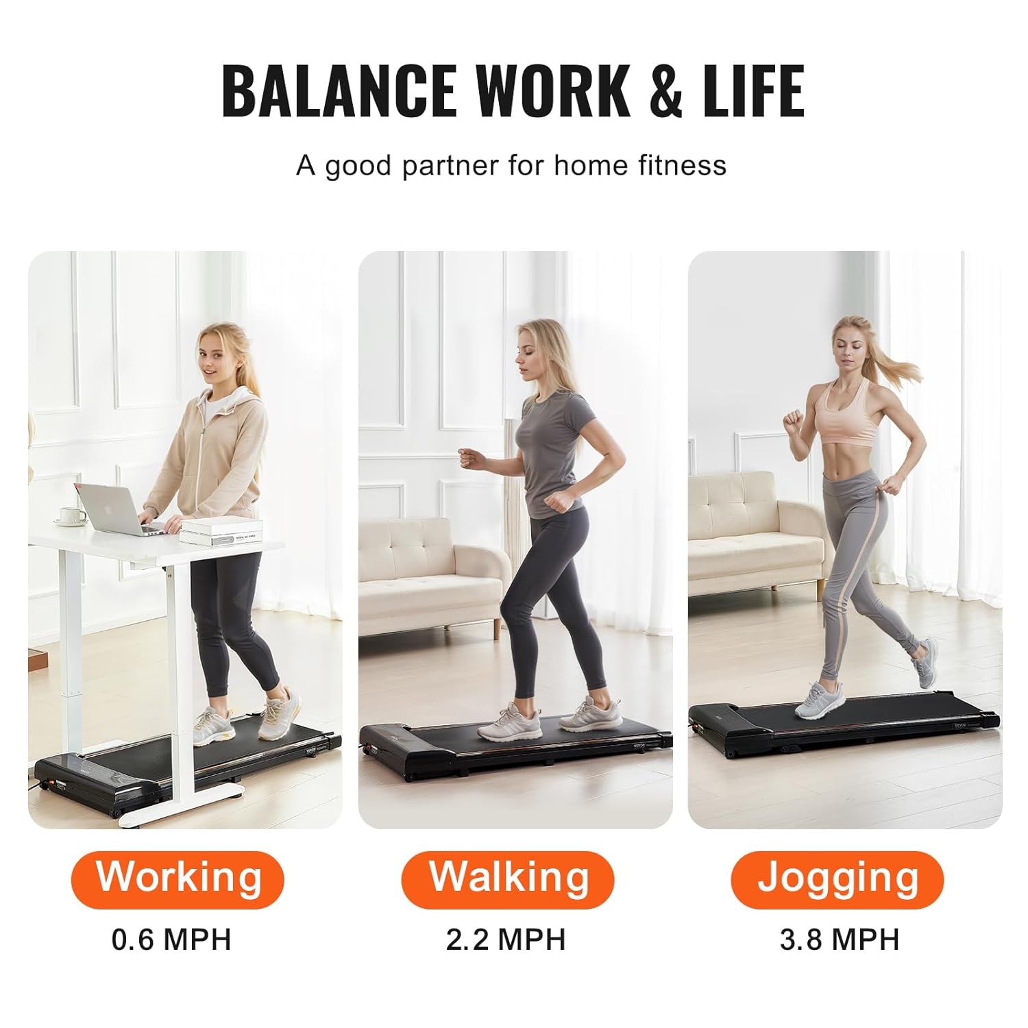VEVOR Walking Pad Under The Desk, Working Treadmill with 120kg Load Capacity, Portable Pad with 2.5 HP, Remote Control, LED Display, 1-6 km/h, Black - QUORE