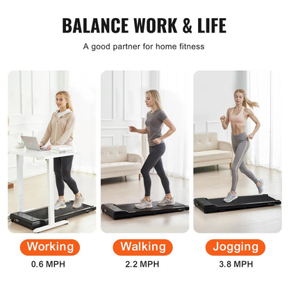 VEVOR Walking Pad Under The Desk, Working Treadmill with 120kg Load Capacity, Portable Pad with 2.5 HP, Remote Control, LED Display, 1-6 km/h, Black - QUORE