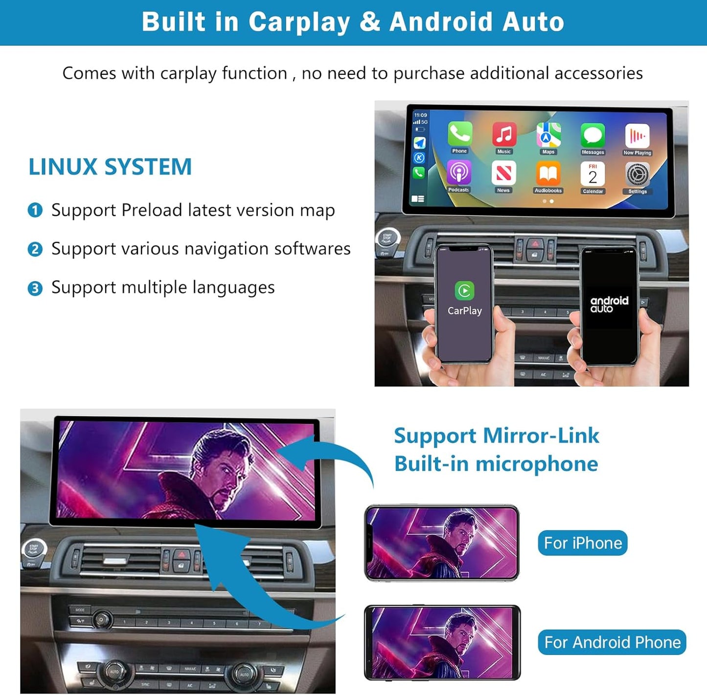 Ninetom 12,3'' autoradio, Apple CarPlay/Android Auto/Mirrorlink/GPS voor 2012-2016 BMW 5 Serie F10/F11 met NBT touchscreen autoradio, GPS-navigatie voor auto, geïntegreerde DSP