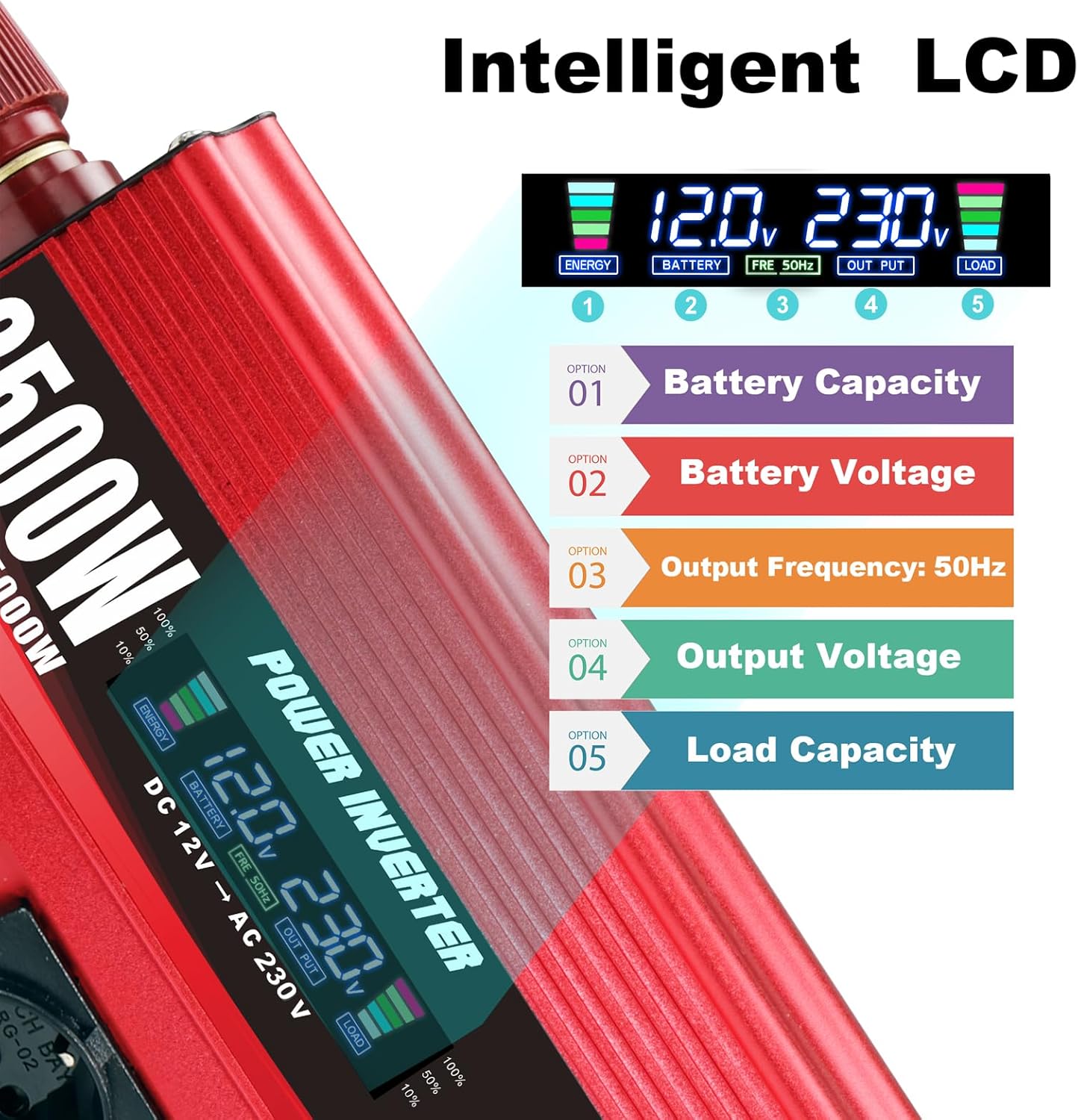 Omvormer, 2500 W/5000 W, gemodificeerde sinusgolf, 12 V naar 230 V, met 3 AC-stopcontacten en 4 x USB-lcd-afstandsbediening