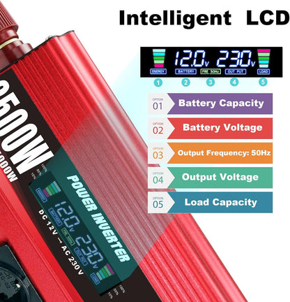 Omvormer, 2500 W/5000 W, gemodificeerde sinusgolf, 12 V naar 230 V, met 3 AC-stopcontacten en 4 x USB-lcd-afstandsbediening