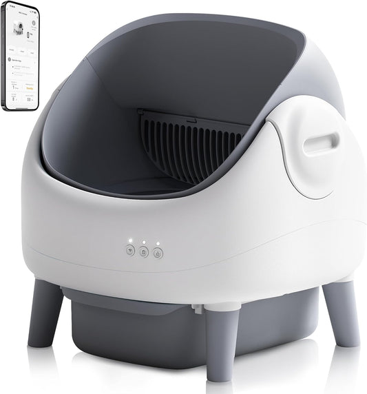 Automatische Kattenbak – Zelfreinigende Kattenbak – Open Bovenkant Kattenbak – Slimme Kattenbak – Hygiënische Kattenbak – App Bediening – Veiligheidssensoren – Grijs-Witte Variant