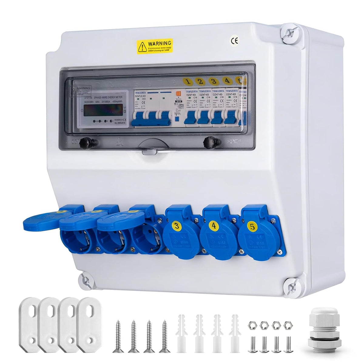 Bouwstroomverdeler, wandverdeler, volledig bedraad (6 x 230 V + LS+FI + teller)