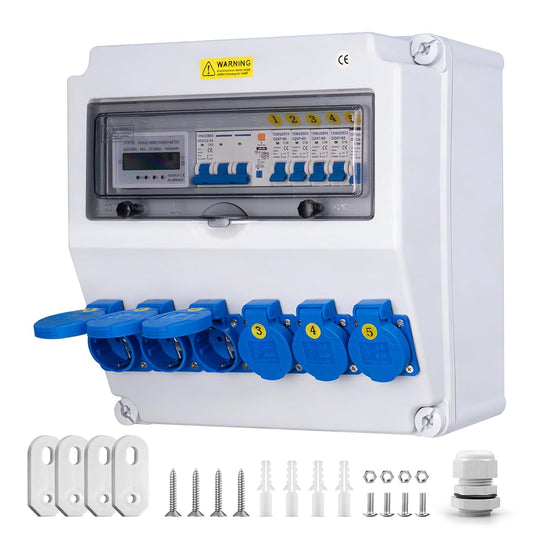 Bouwstroomverdeler, wandverdeler, volledig bedraad (6 x 230 V + LS+FI + teller)