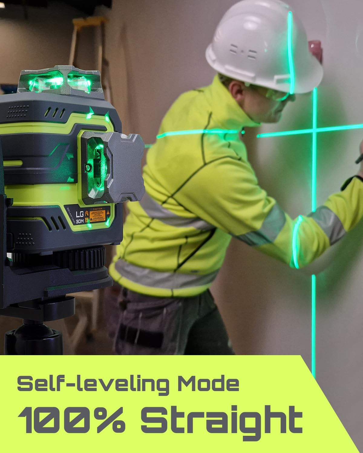 LasGoo LG-3DM Groene Beam Laserwaterpas, zelfnivellerende 3x360° kruislijnlaser voor bouw en foto's ophangen, 5200mAh oplaadbare batterij, Type-C kabel, Magnetische roterende standaard inbegrepen