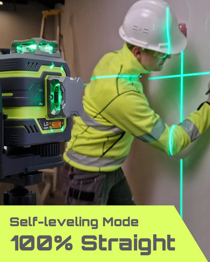 LasGoo LG-3DM Groene Beam Laserwaterpas, zelfnivellerende 3x360° kruislijnlaser voor bouw en foto's ophangen, 5200mAh oplaadbare batterij, Type-C kabel, Magnetische roterende standaard inbegrepen
