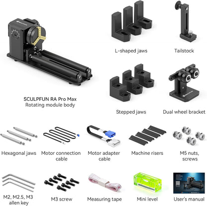 4-in-1 Rotatie-opzetstuk voor lasergraveren – Rotatierol, rotary chuck, graveerrol, draaibare houder – 180° instelbare hoek – Geschikt voor cilindrische en onregelmatige objecten
