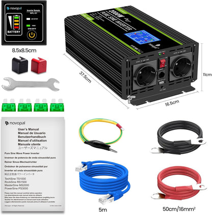 NOVOPAL 2000 W auto-omvormer, spanningsomvormer 24 V 230 V zuivere sinus met lcd-display en USB-aansluiting, 2 AC-stopcontacten met USB-uitgang en 5 m afstandsbediening