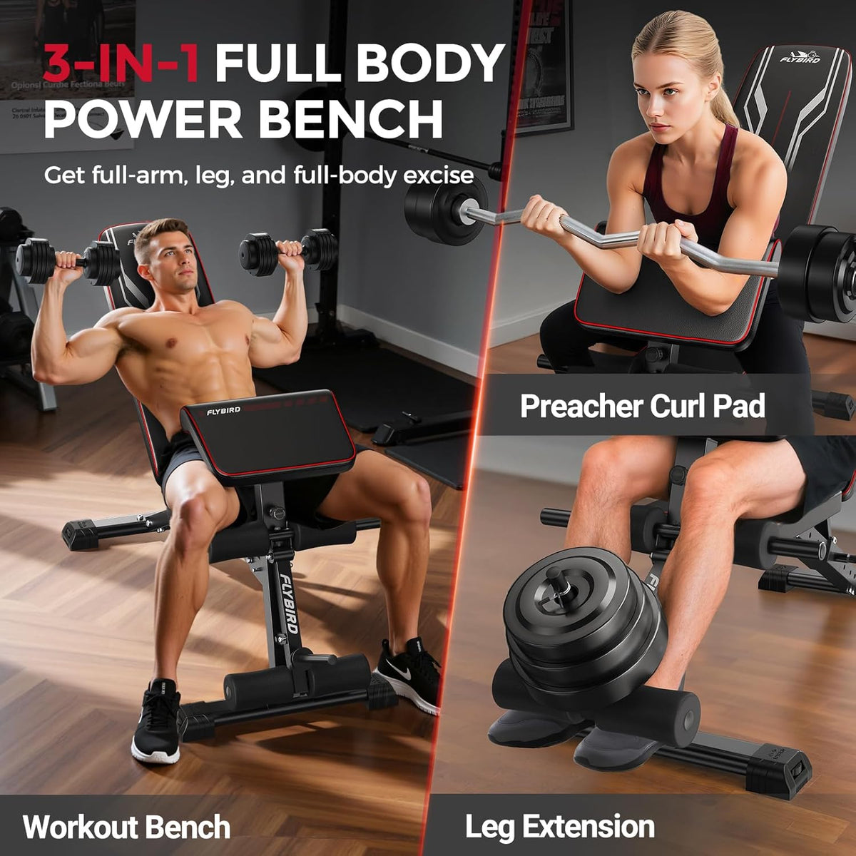 FLYBIRD Multifunctionele Gewichtbank, Krachtraining voor Huisgym, Eenvoudig Opklapbaar & Instelbaar, 360KG Capaciteit met Bicepcurlsteun / 544KG Zware Gewichtbank