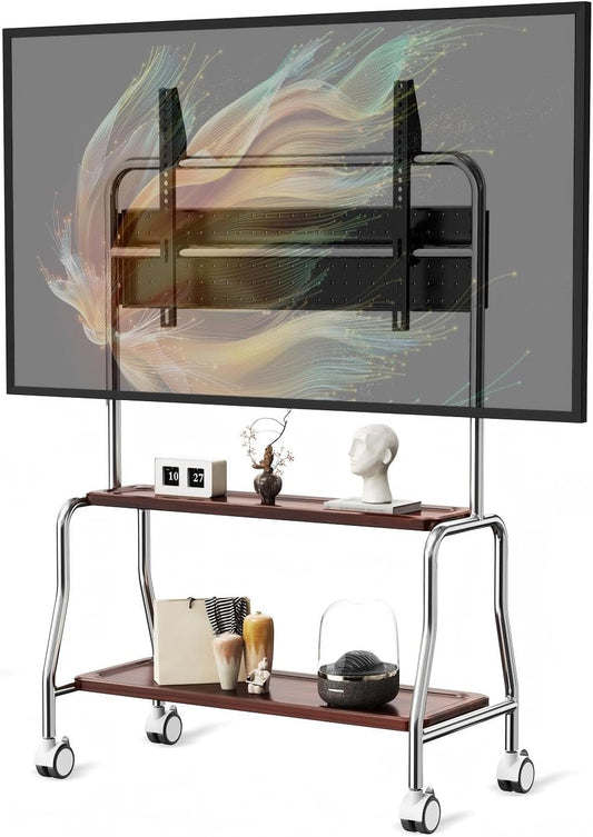 Mobiele TV-wagen op wielen voor 32 tot 75 inch LCD LED OLED flatscreen schermen, roestvrij staal met wielen, maximaal 50 kg (110 lbs), VESA 600x400mm (dubbellaagse houten opbergplank met platform met