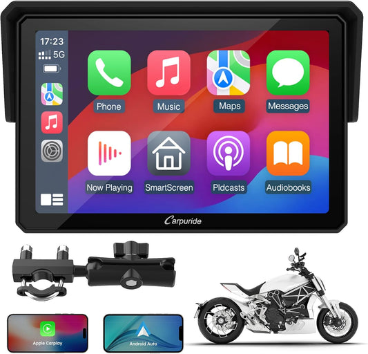 Carpuride W502 Motorscherm 5 inch GPS met CarPlay draadloos & Android Auto - IP67 waterdicht IPS-touchscreen, dubbele Bluetooth, GPS-navigatie, Siri, U-vormige verstelbare motorstandaard
